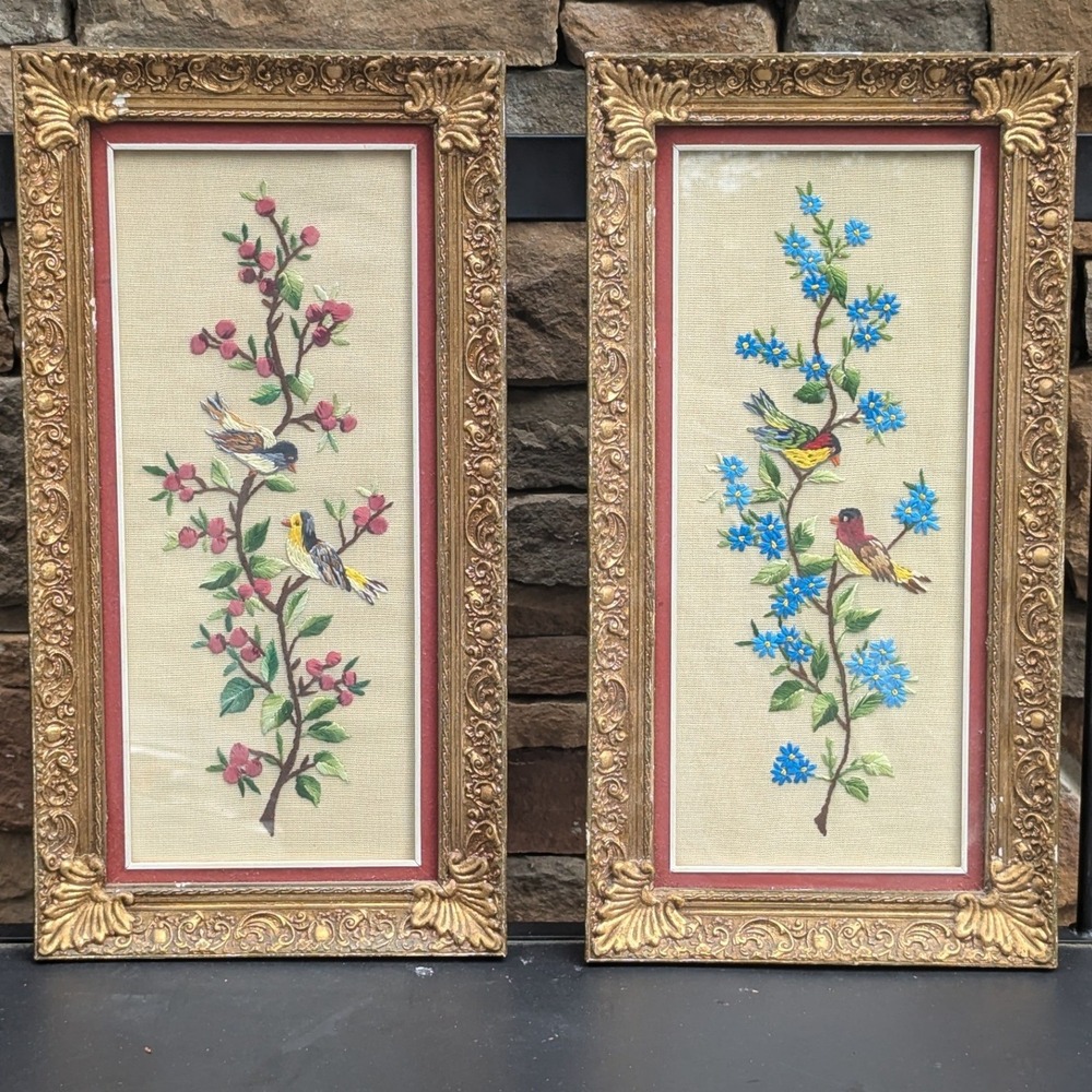 Vintage P. Kozanidis Framed Embroidery Bird Art Set Gold Ornate Frames